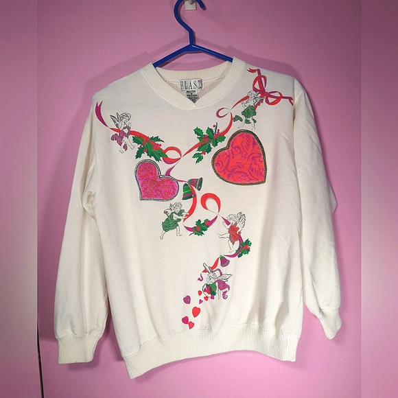 blast Sweaters - Vintage 80s Christmas Hearts White Sweater
